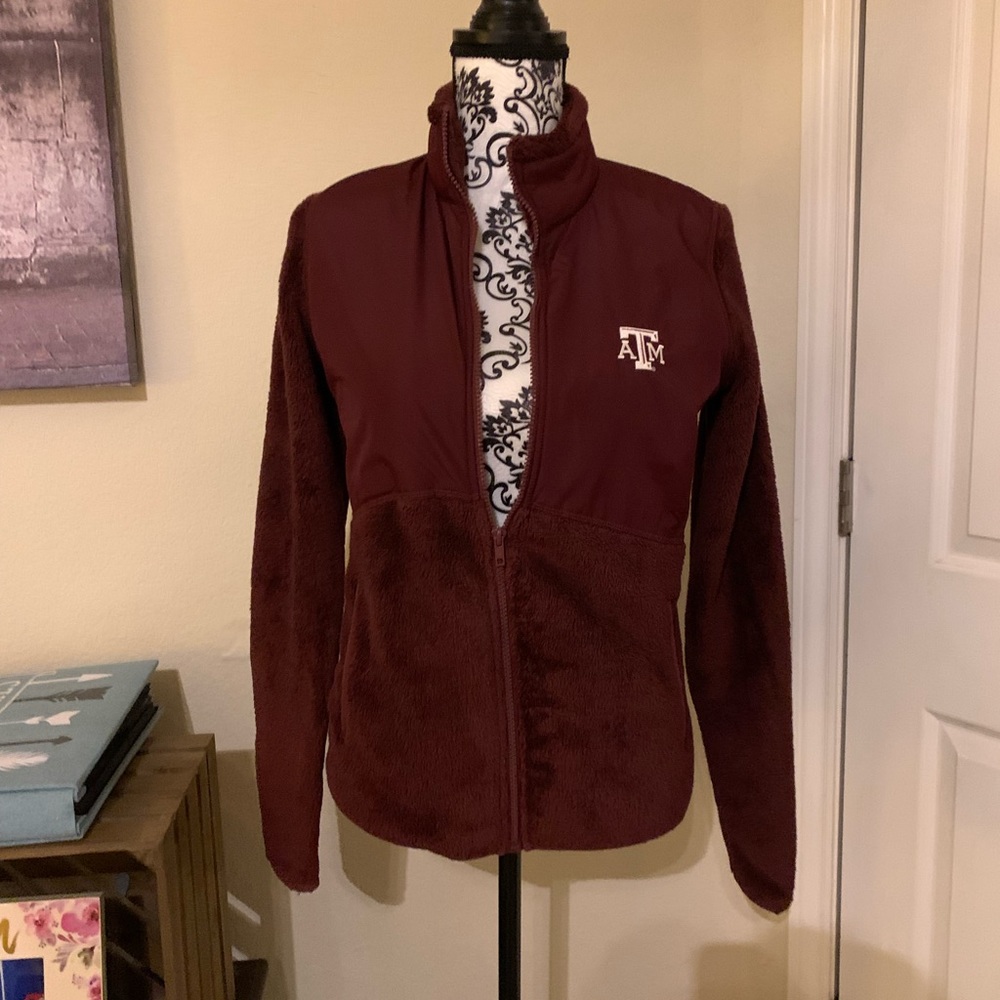 A&M furry zip up sweater jacket burgundy